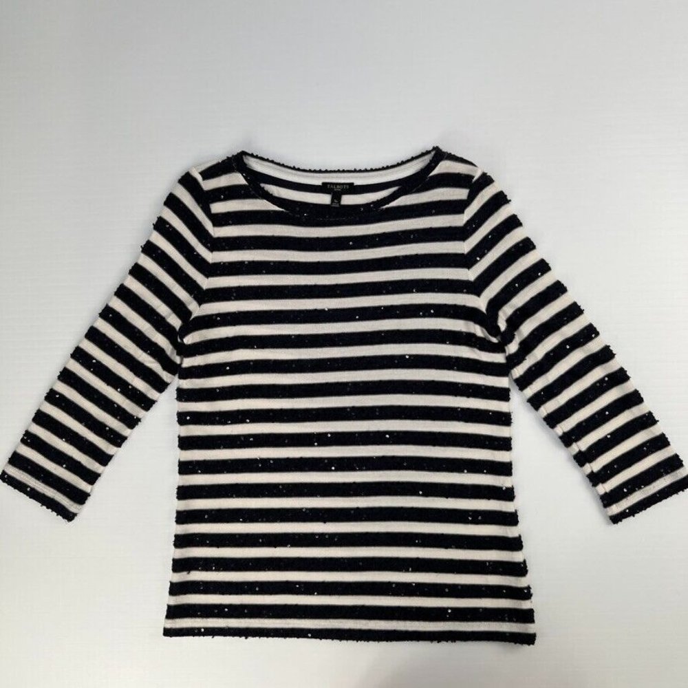 Talbots off white navy sequin 3/4 striped top